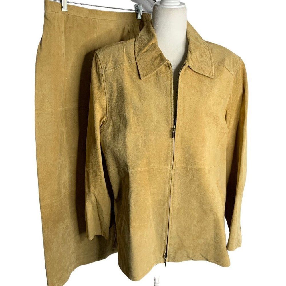 Vintage Terry Lewis Leather Jacket Skirt Set L Tan Zip Pockets Elastic Waist NEW